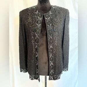 Vintage Laurence Kazan 100% silk black beaded & sequine open front jacket size S